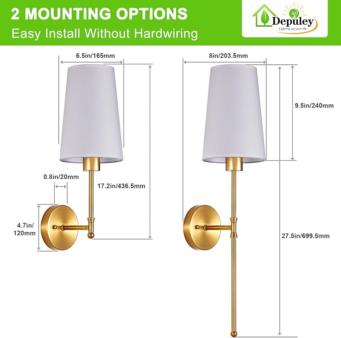 Depuley Battery Operated Wall Sconce: 27" Set of 2 Wireless Wall Lights - Image 8