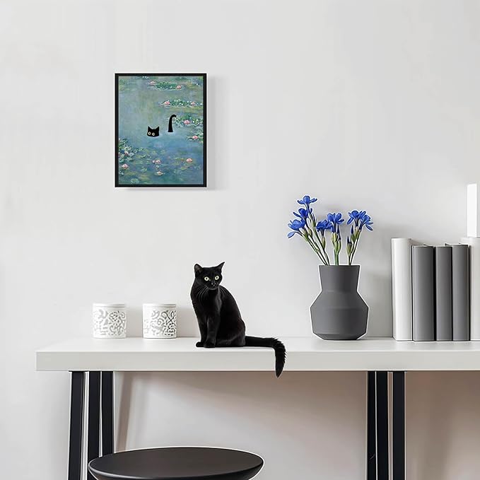 Hamduker Cat Wall Art Monet Prints Vintage Canvas Wall Art Funny Cat in Water - Image 3