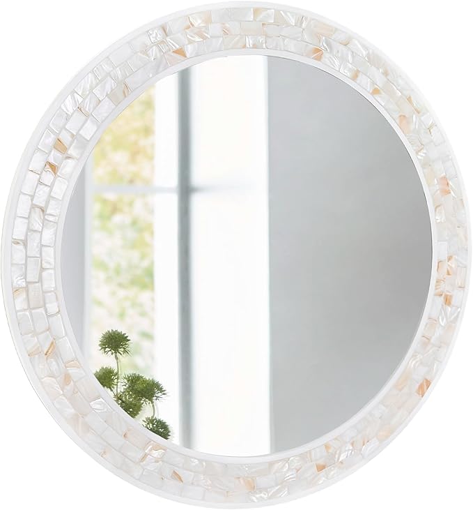 Mosaic Mirrors for Wall 24 Inch, Natural Mother of Pearl Inlay White Framed by DUQIMOWALLMIRRORS
