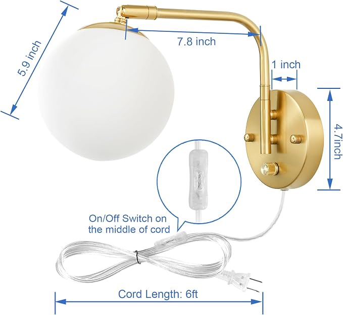 VATONI Dimmable Wall Sconces Plug in, Swing Arm Wall Lights - Image 5
