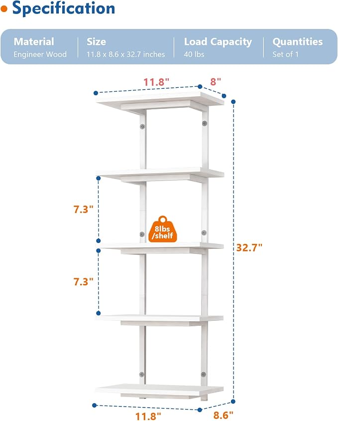 Harwaya White 5 Tier Wall Shelf Unit - Image 2