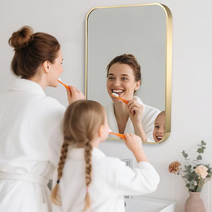 20x30 Inch Gold Bathroom Mirror, Brushed Gold Metal Framed Rectangular Mirror - Image 3