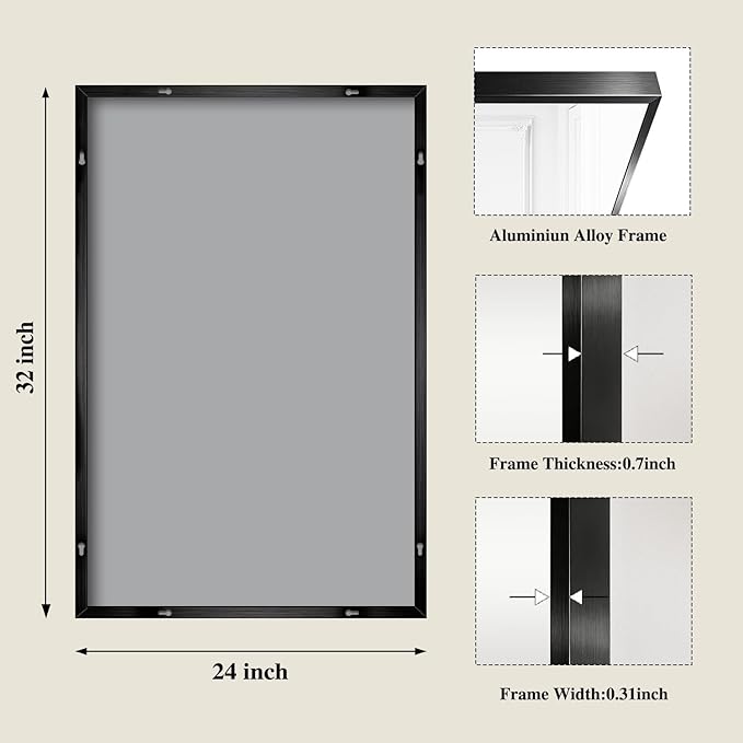 Koonmi Black Rectangle Wall Mirror, 24x32 Inch Bathroom Mirror, Aluminum Frame - Image 2