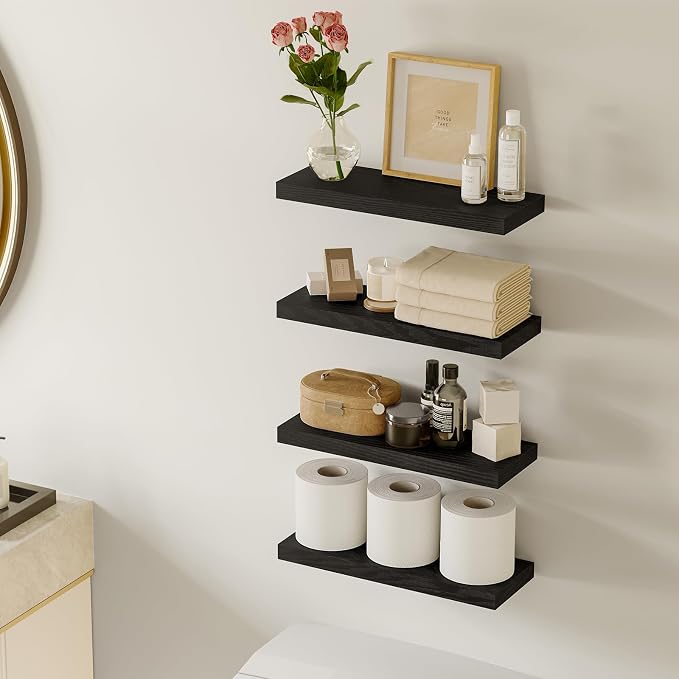 Fixwal Black Floating Shelves for Wall, Rustic Wood Shelves for Bathroom - Image 2