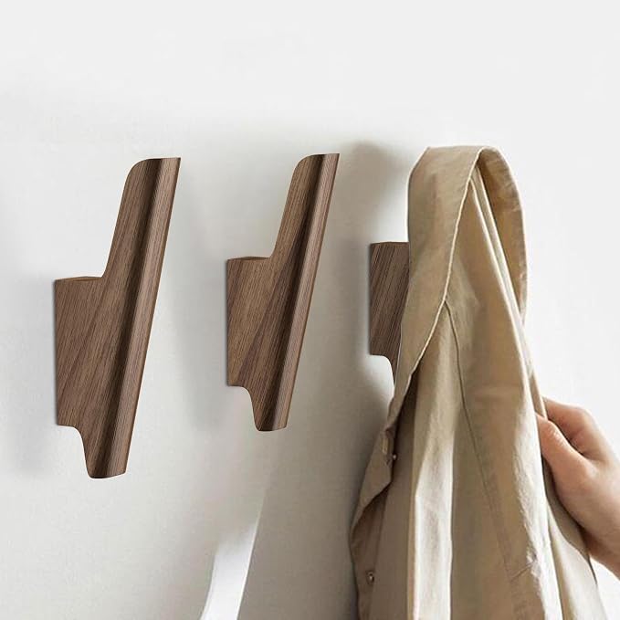 Wood Wall Hooks 4 Pack Coat Hooks Wall Mount Walnut Wooden Hooks - Image 2