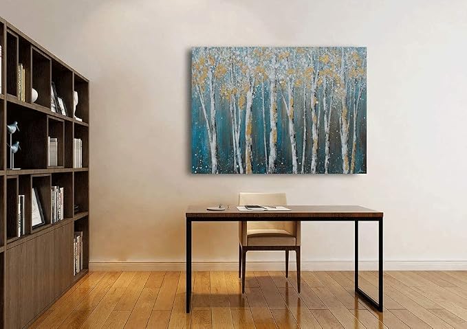 Yihui Arts Birch Tree Canvas Wall Art Hand Painted Teal and White Color Painting - Image 8