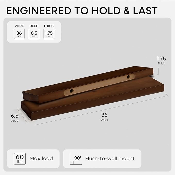 Homeforia Walnut 36 inch Floating Shelf, High End Solid Real Wood 36inch Large - Image 2