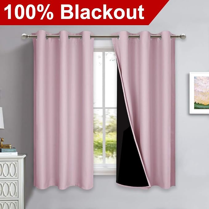 NICETOWN 100% Blackout Curtains 45 inches Long, 1 Pair, Baby Pink, 42 inches - Image 2