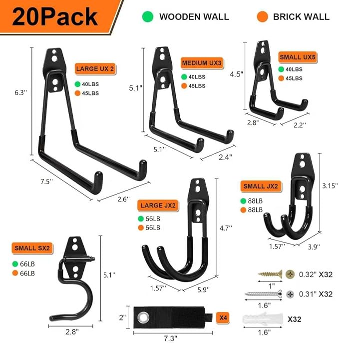 Heavy Duty Garage Hooks Storage, Anti-Slip Steel Wall Mount Multi-Size Utility - Image 2