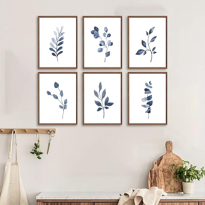 Navy Blue Botanical Wall Art Set of 6 Unframed, Minimalist Abstract Botanical - Image 3
