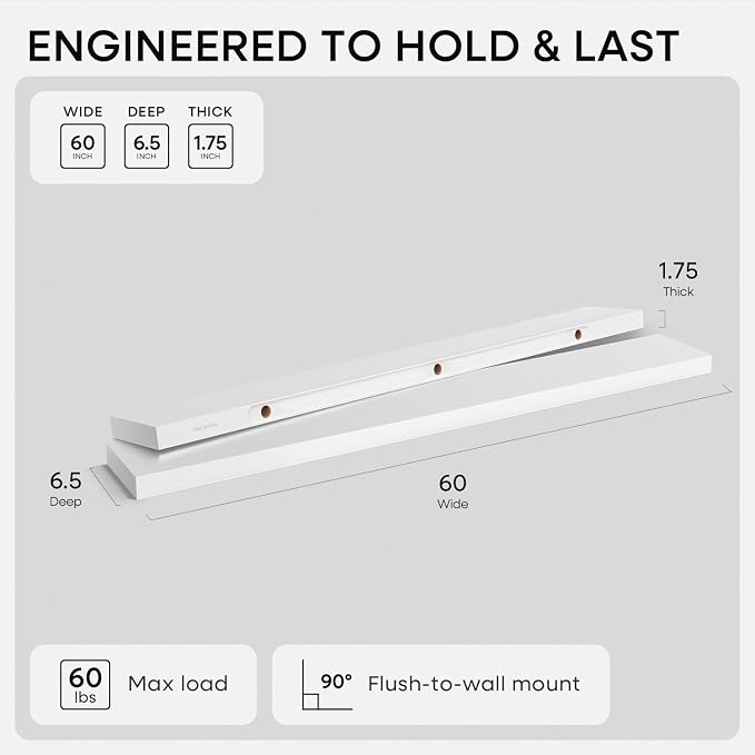 Homeforia Floating White Shelf 60 inches, High End Solid Real Wood 60inch Long - Image 2