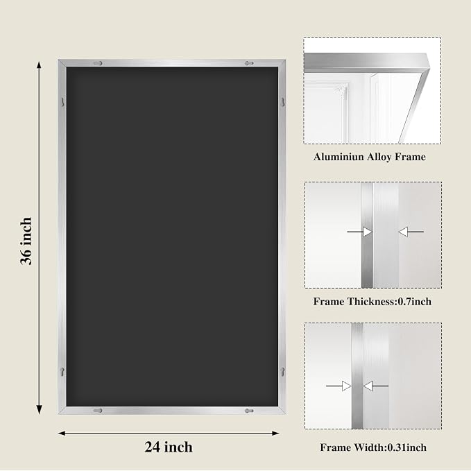Koonmi Silver Rectangle Wall Mirror, 24x36 Inch Bathroom Mirror, Aluminum Frame - Image 2