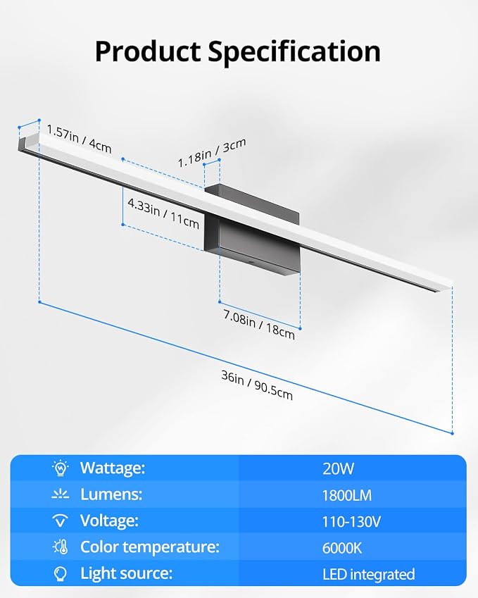 Combuh LED Bathroom Vanity Light Bar 36 Inch 20W Black IP44 Over Mirror - Image 7