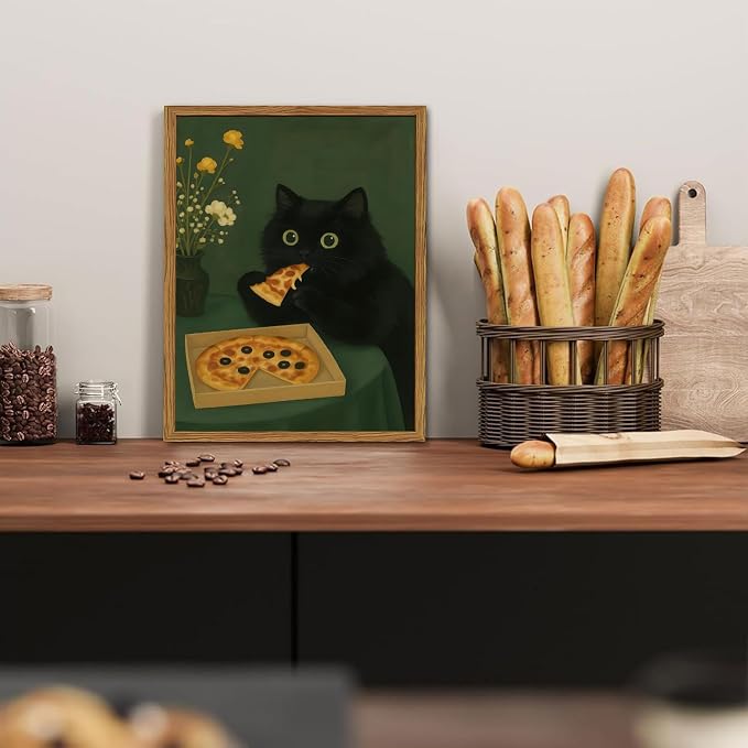 Funny Black Cat Wall Art Whimsical Black Cat Eating Pizza Wall Decor Cute - Image 7