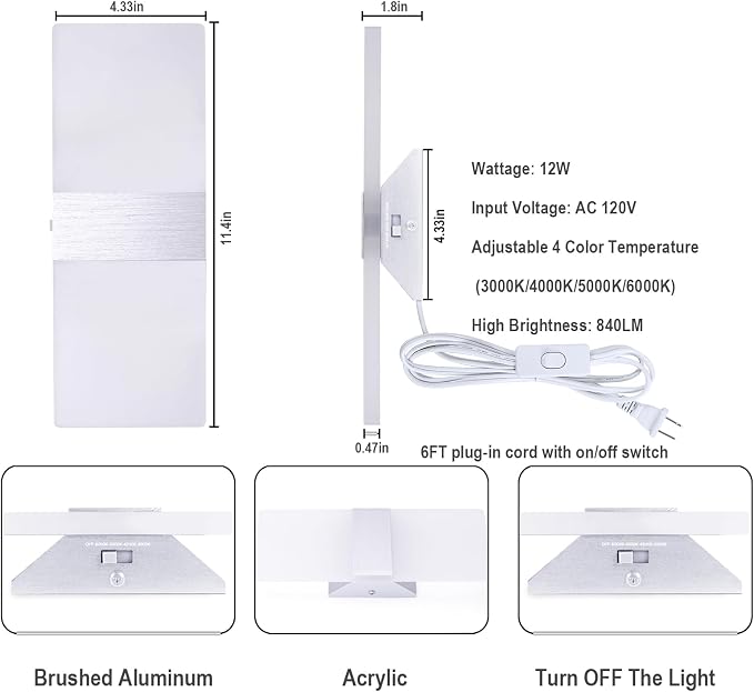 TRLIFE Wall Sconces Plug in, Adjustable 4 Color Temperature Modern LED Wall - Image 4
