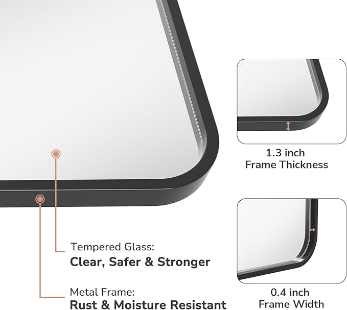 USHOWER 2-Pack Black Bathroom Mirrors Over Sink 22 x 30 Inch, Metal Frame - Image 3