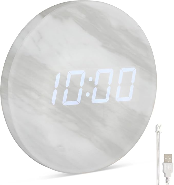 Minimalist LED Digital Wall Clock – USB Powered | Marble Style | 12/24 Hour by Leafre