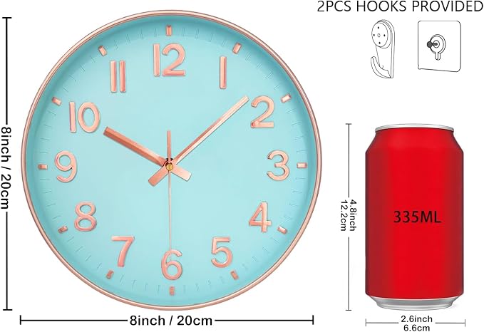 Wall Clock, 8 Inch Wall Clocks Battery Operated, Round Modern Non Ticking - Image 3