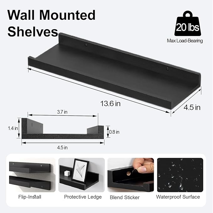 Black Floating Shelves for Wall Decor, Wall Mounted Wood Storage Shelf for - Image 3