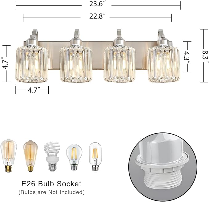 4 Lights Brushed Nickel Vanity Light Crystal Wall Light Bathroom Light Fixtures - Image 5
