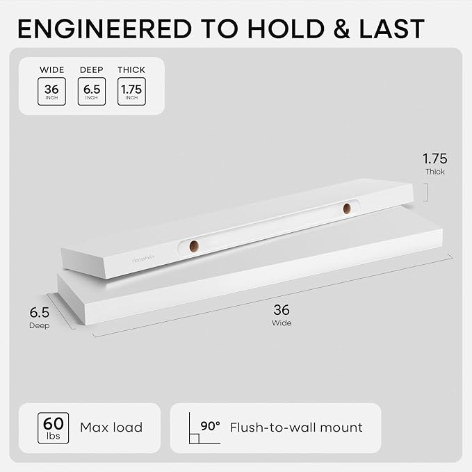 Homeforia White Floating Shelves 36 inch, High End Solid Real Wood 36inch - Image 2