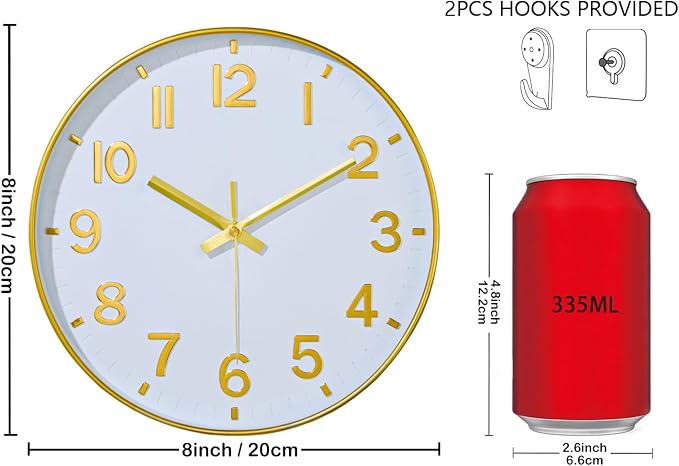 Gold Wall Clock, 8 Inch Wall Clocks Battery Operated, Round Modern Non Ticking - Image 3