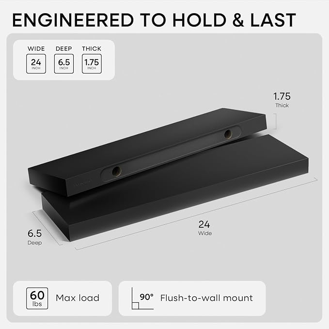 Homeforia Black Floating Shelves 24 inch, High End Solid Real Wood 24inch - Image 3