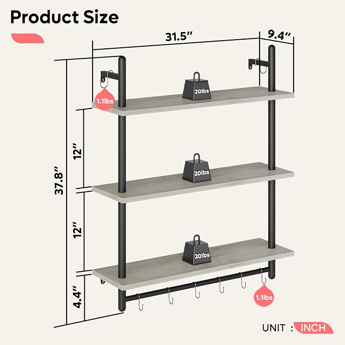 Bestier 3 Tier Industrial Pipe Shelving, Floating Book Shelves - Image 2