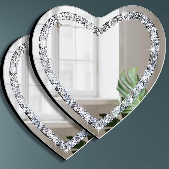 DMDFIRST Heart Shaped Silver Glass Mirror 2 Pack 12x12inch Crystal Crush by DMDFIRST