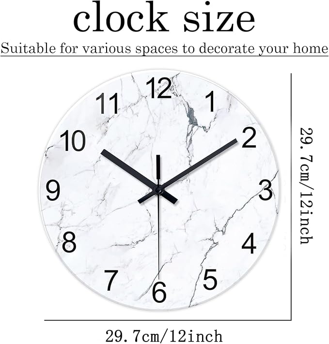 White Marble Glass Wall Clocks Battery Operated 12 Inch Abstract Decorative - Image 3