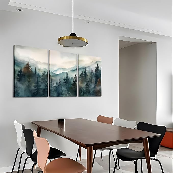 AKWISH Framed Green Forest Canvas Wall Art Set of 3, Boho Misty Watercolor Pine - Image 2