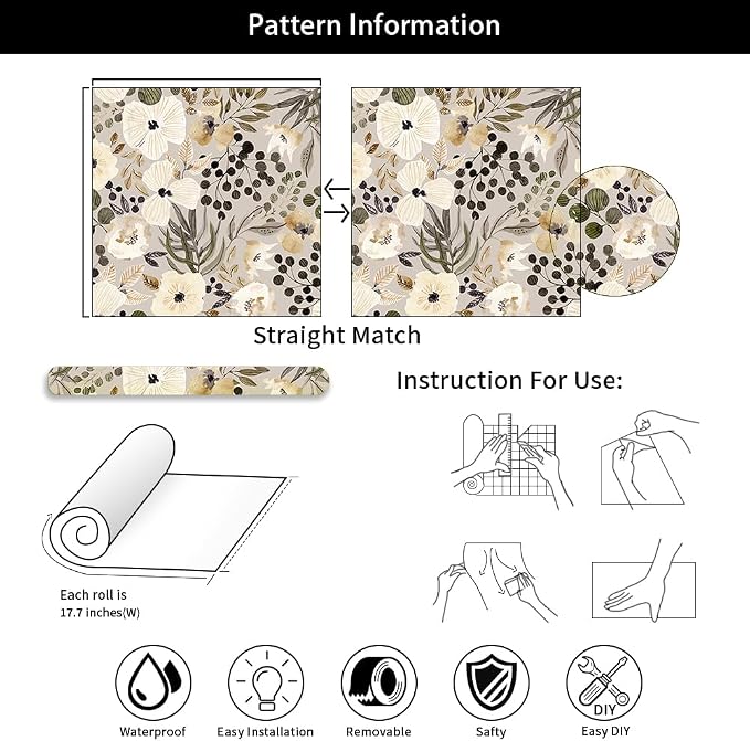 18"x236" Boho Cream/Brown Daisy Flower Peel and Stick Self Adhesive Wallpaper - Image 7