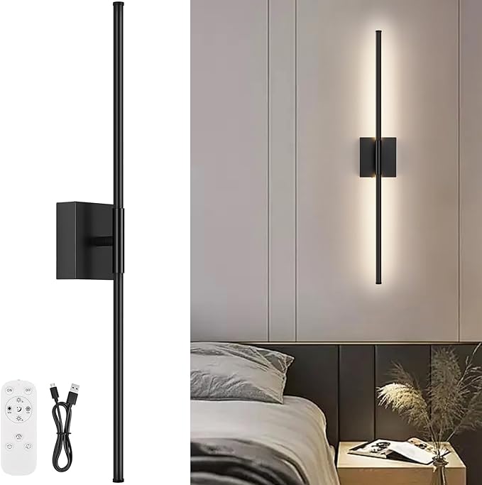 Battery Operated Wall Sconce, 3000K-6000K Dimmable Black Wall Lights by JZEKVN