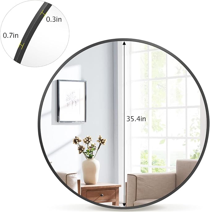 VooBang Round Mirror 36" Black Wall Mounted Circle Mirrors Vanity Mirror - Image 6