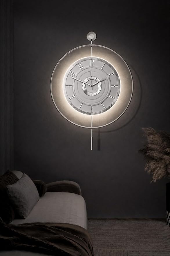 Large Luxury LED Backlit Wall Clock – Pendulum Roman Numeral Metal Ring - Image 2