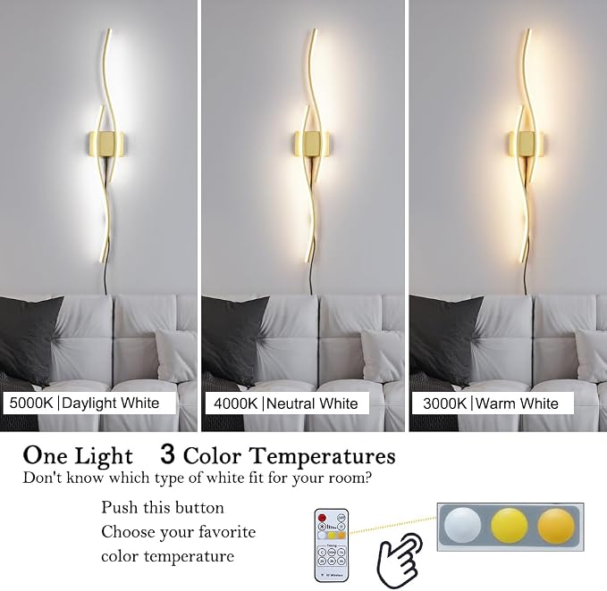 Daunton Modern Gold Plug in Wall Sconces Set of Two, RC Dimmable LED Plug in - Image 4