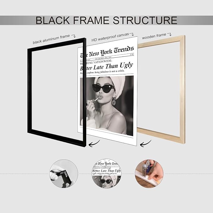 Trendy Newspaper Black Framed Posters Better Late Than Ugly Wall Art Vintage - Image 3