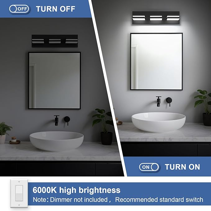 Modern LED Small Bathroom Lights Fixtures 3-Light, Metal Black Acrylic Wall - Image 6