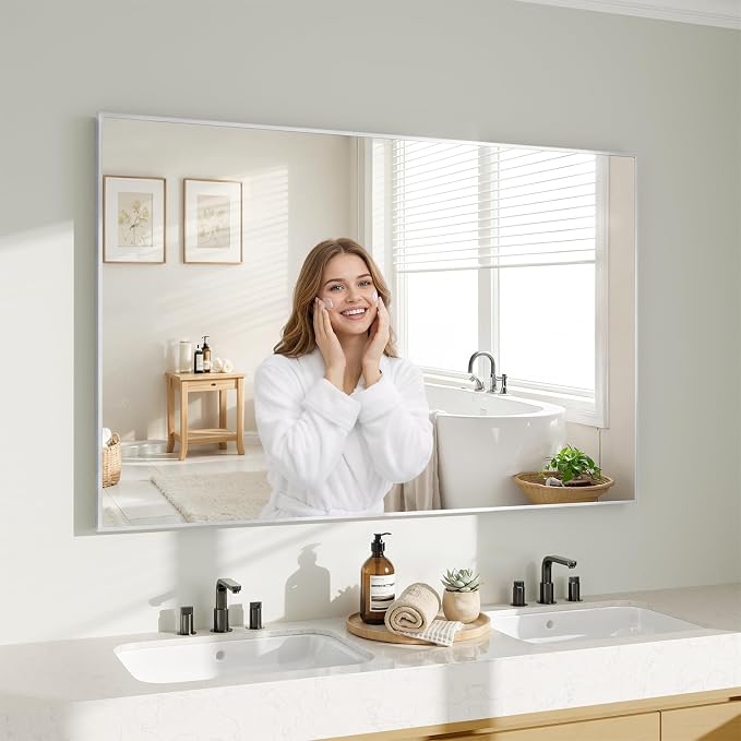 Koonmi Silver Rectangle Wall Mirror, 30x48 Inch Bathroom Mirror, Aluminum Frame by KOONMI
