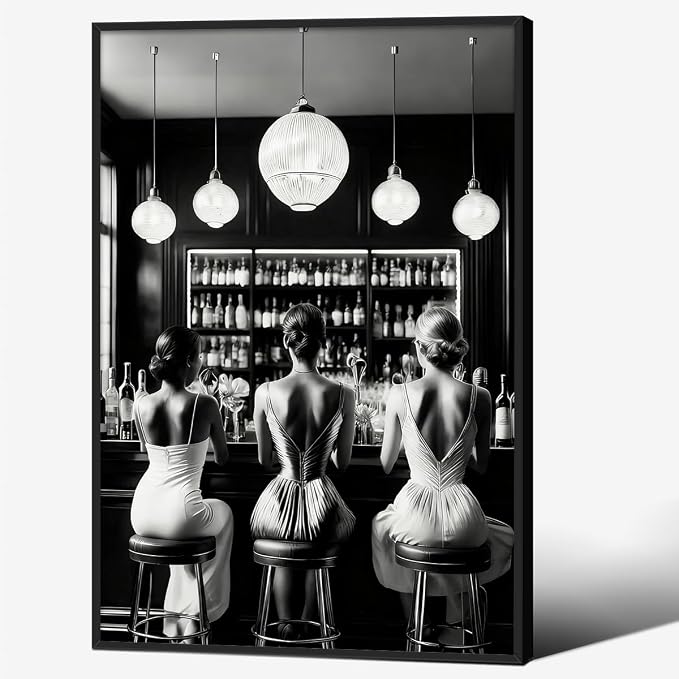 Vintage Black and White Black Framed Wall Art Trendy Women Drink Cocktail by FuSatisYilife