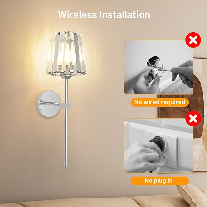 Crystal Battery Operated Wall Sconces Set of 2, Chrome Rechargeable Wireless - Image 7