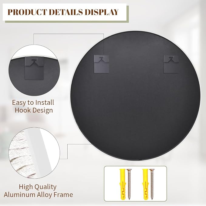 BEAUTYPEAK 24 Inch Round Mirror, Metal Frame Circle Mirror, Wall Mounted - Image 5