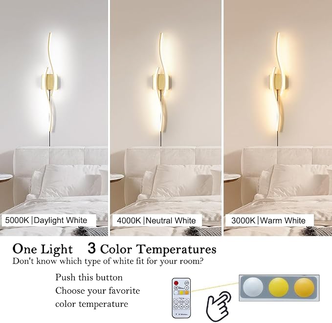 Daunton Modern Gold Plug in Wall Sconce Set of 2, Indoor Dimmable Light Fixture - Image 6