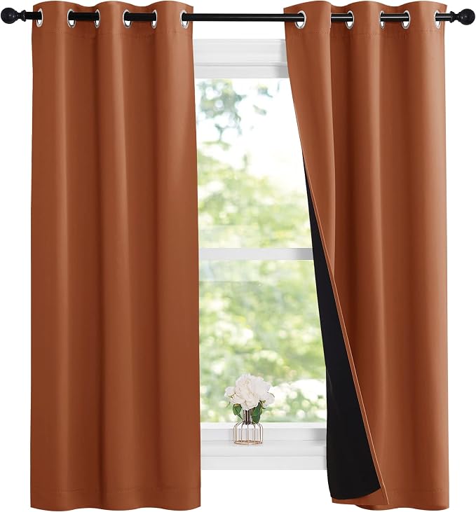 NICETOWN Burnt Orange 100% Blackout Lined Curtains, 2 Thick Layers Narrow Wide - Image 2