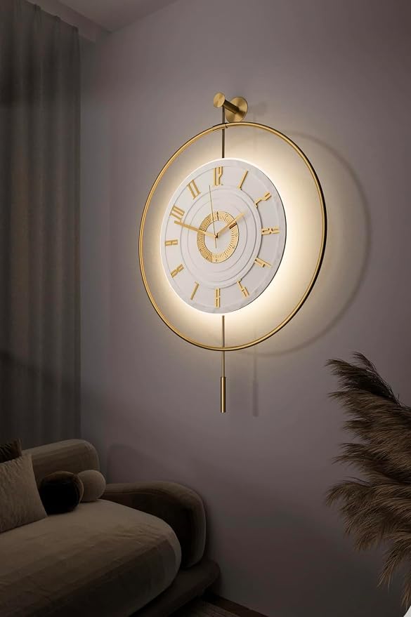 Large Luxury LED Backlit Wall Clock – Pendulum Roman Numeral Metal Ring by Unknown