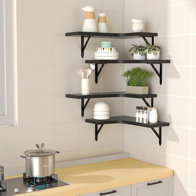 ROMGUAR CRAFT Corner Floating Shelves Wall Mounted Set of 4, Rustic Wood - Image 2