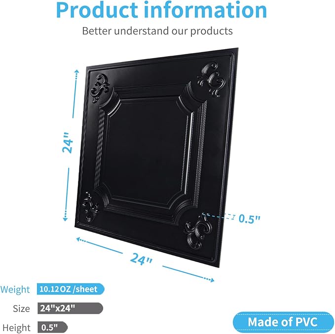 Art3d Drop Ceiling Tiles 24x24 in Black, Wainscoting Panels Glue Up 2x2 - Image 6