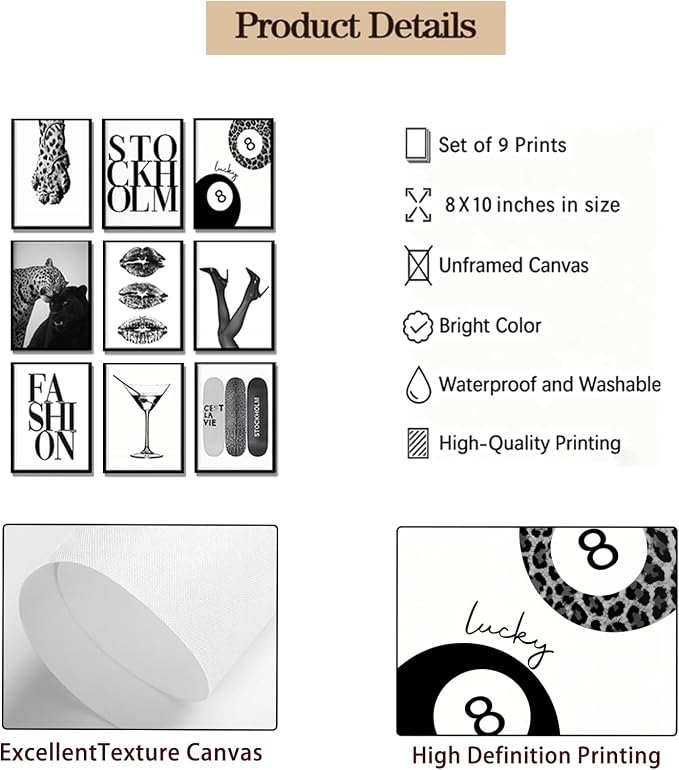 LOARTVE 9Pcs Black and White Fashion Wall Art Prints Trendy Leopard Stockholm - Image 8