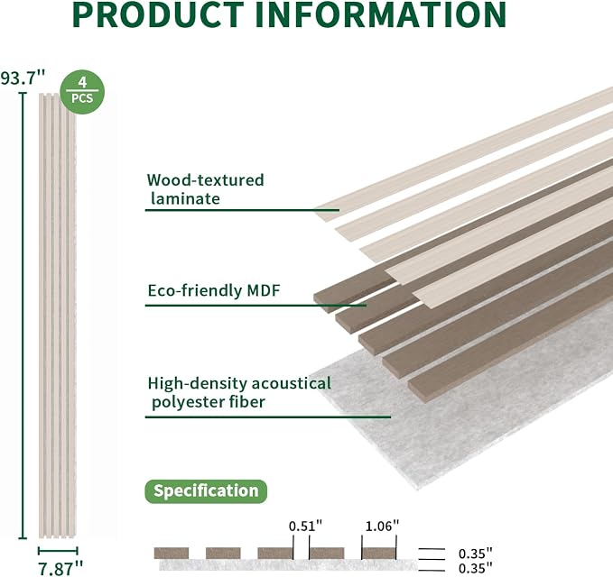 Wood Slat Acoustic Panels, 4 Pack 94" x 8" Wood Wall Panels, Soundproof Wood - Image 3