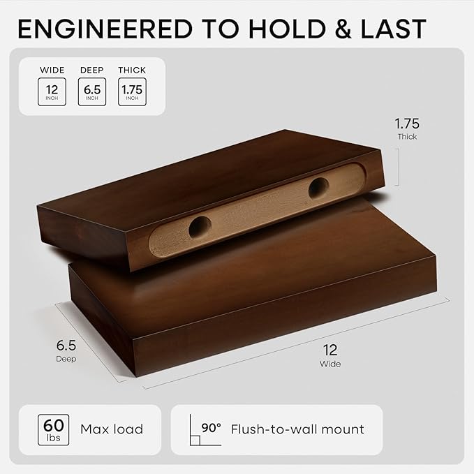 Homeforia Walnut 12 inch Floating Shelf, High End Solid Real Wood Small 12inch - Image 2
